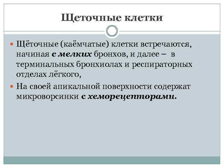 Щеточные клетки Щёточные (каёмчатые) клетки встречаются, начиная с мелких бронхов, и далее – в