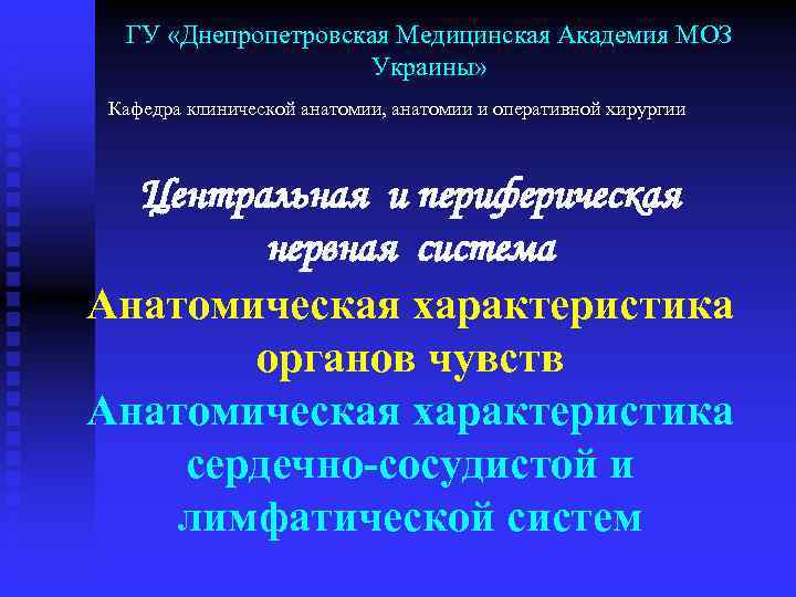 ГУ «Днепропетровская Медицинская Академия МОЗ Украины» Кафедра клинической анатомии, анатомии и оперативной хирургии Центральная