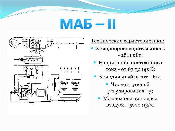 МАБ – II Технические характеристики: Холодопроизводительность - 28± 1 к. Вт; Напряжение постоянного тока