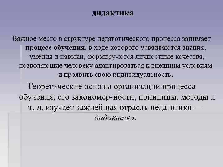 дидактика Важное место в структуре педагогического процесса занимает процесс обучения, в ходе которого усваиваются