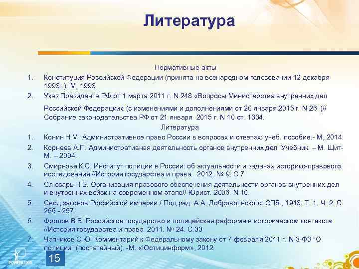 Литература 1. 2. Нормативные акты Конституция Российской Федерации (принята на всенародном голосовании 12 декабря
