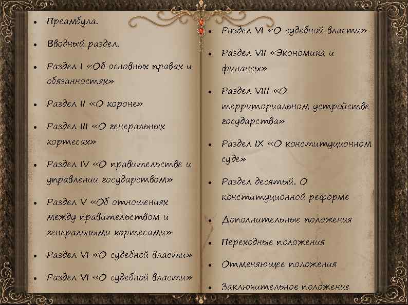  Преамбула. Раздел VI «О судебной власти» Раздел VII «Экономика и Вводный раздел. Раздел