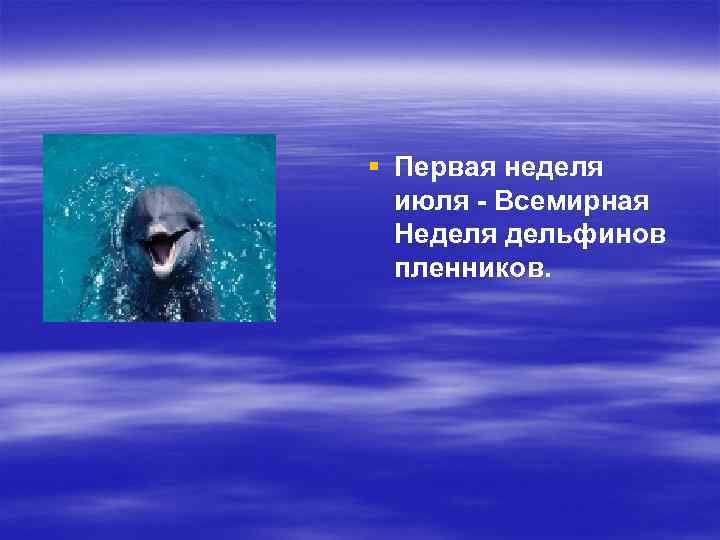 § Первая неделя июля - Всемирная Неделя дельфинов пленников. 