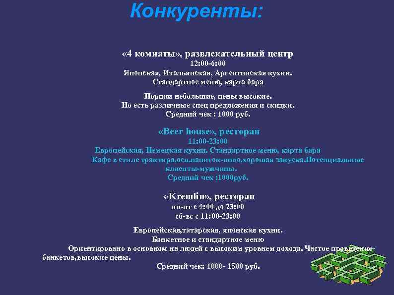 Конкуренты: « 4 комнаты» , развлекательный центр 12: 00 -6: 00 Японская, Итальянская, Аргентинская