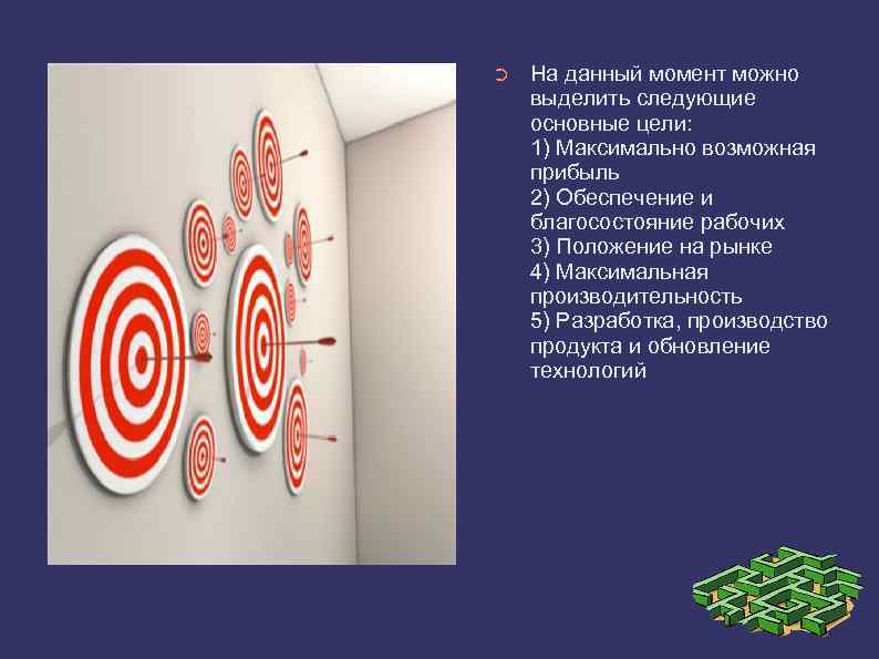 ➲ На данный момент можно выделить следующие основные цели: 1) Максимально возможная прибыль 2)