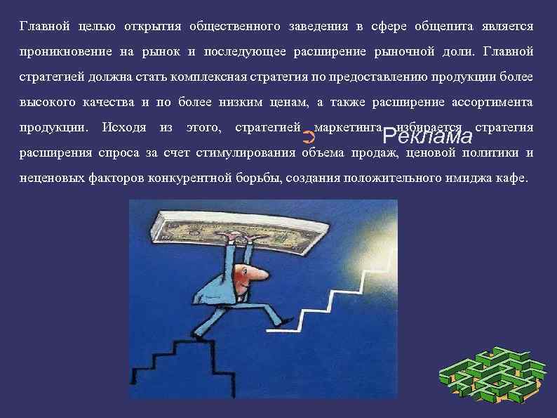 Главной целью открытия общественного заведения в сфере общепита является проникновение на рынок и последующее