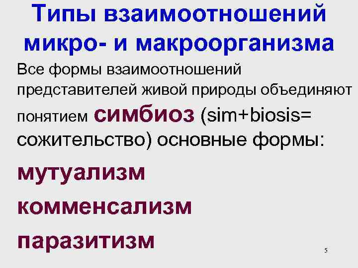 Типы взаимоотношений микро- и макроорганизма Все формы взаимоотношений представителей живой природы объединяют понятием симбиоз