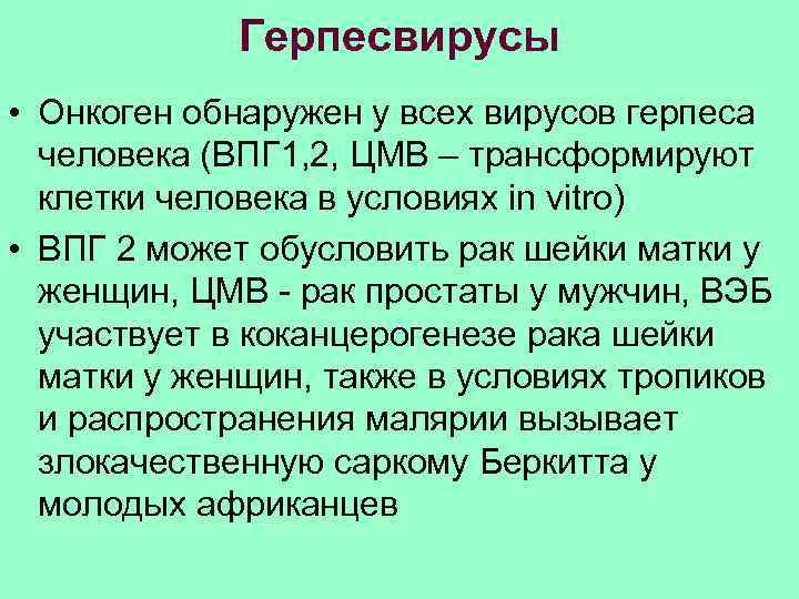  Герпесвирусы • Онкоген обнаружен у всех вирусов герпеса человека (ВПГ 1, 2, ЦМВ