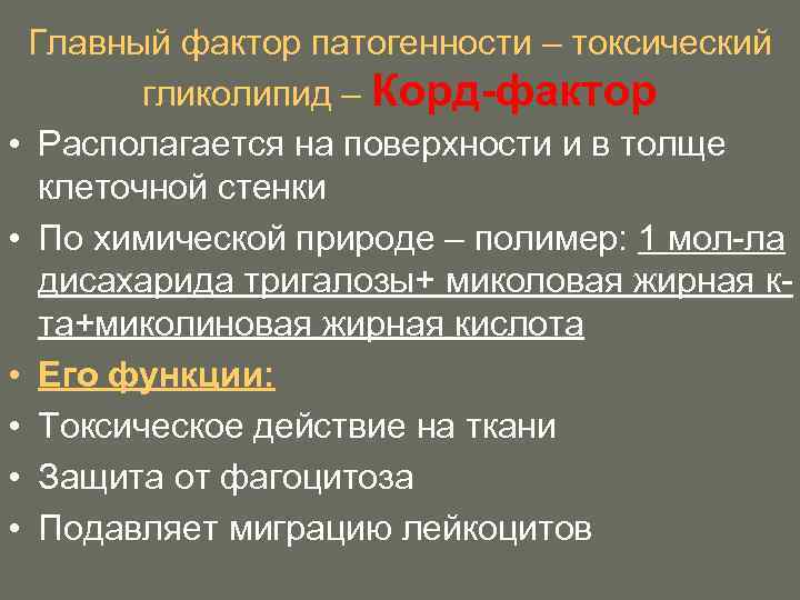 Главный фактор патогенности – токсический гликолипид – Корд-фактор • Располагается на поверхности и в