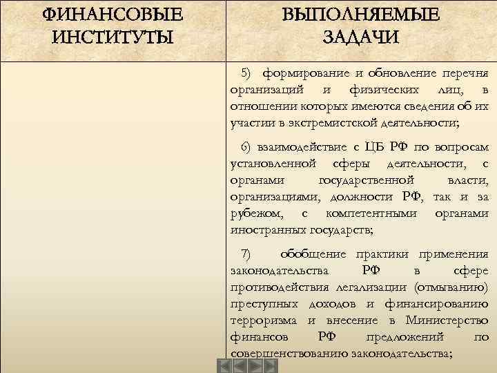 ФИНАНСОВЫЕ ИНСТИТУТЫ ВЫПОЛНЯЕМЫЕ ЗАДАЧИ 5) формирование и обновление перечня организаций и физических лиц, в