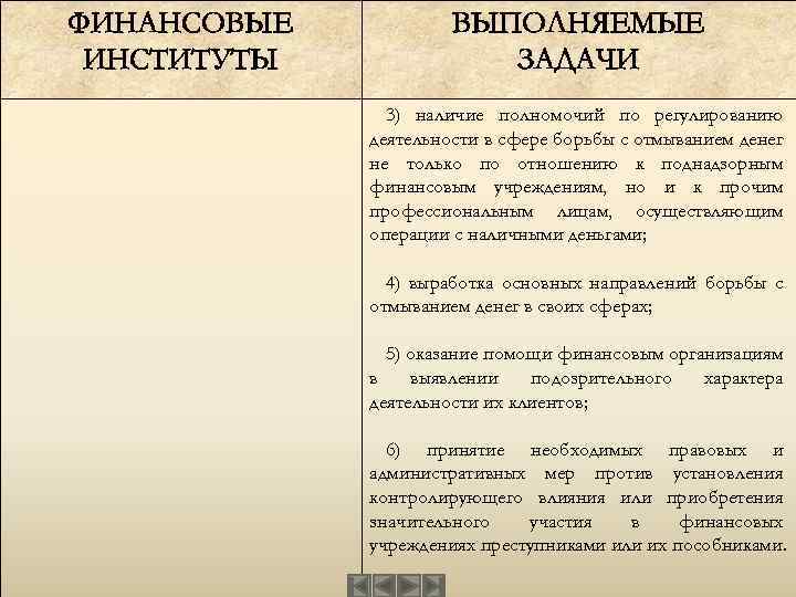 ФИНАНСОВЫЕ ИНСТИТУТЫ ВЫПОЛНЯЕМЫЕ ЗАДАЧИ 3) наличие полномочий по регулированию деятельности в сфере борьбы с