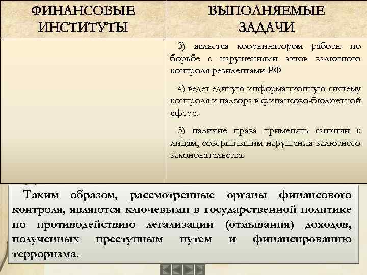 ФИНАНСОВЫЕ ИНСТИТУТЫ ВЫПОЛНЯЕМЫЕ ЗАДАЧИ 3) является координатором работы по борьбе с нарушениями актов валютного