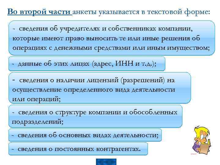 Во второй части анкеты указывается в текстовой форме: - сведения об учредителях и собственниках