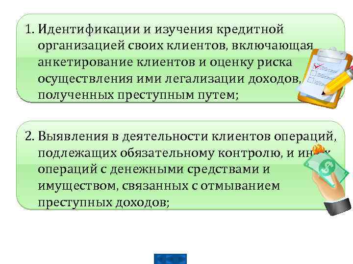 1. Идентификации и изучения кредитной организацией своих клиентов, включающая анкетирование клиентов и оценку риска