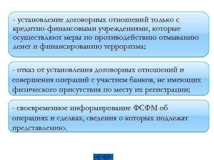 - установление договорных отношений только с кредитно-финансовыми учреждениями, которые осуществляют меры по противодействию отмыванию