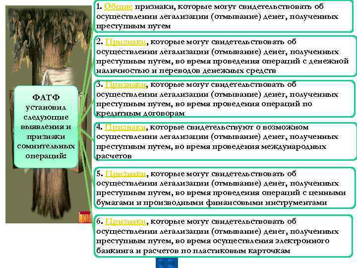 1. Общие признаки, которые могут свидетельствовать об осуществлении легализации (отмывание) денег, полученных преступным путем