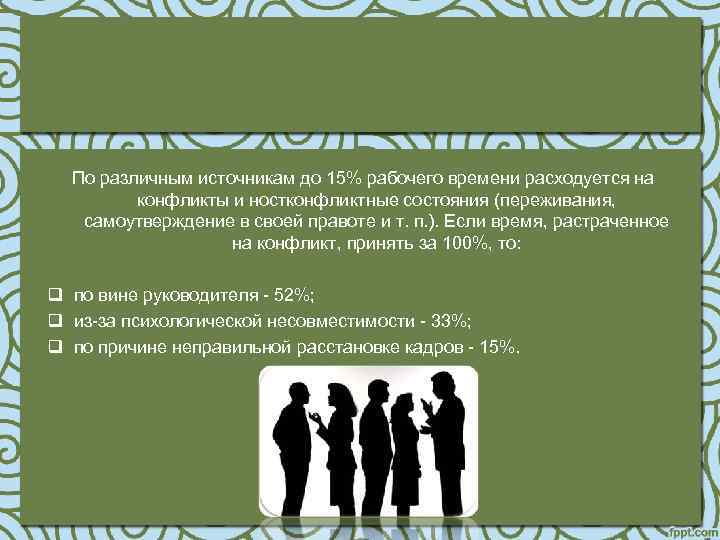 По различным источникам до 15% рабочего времени расходуется на конфликты и ностконфликтные состояния (переживания,