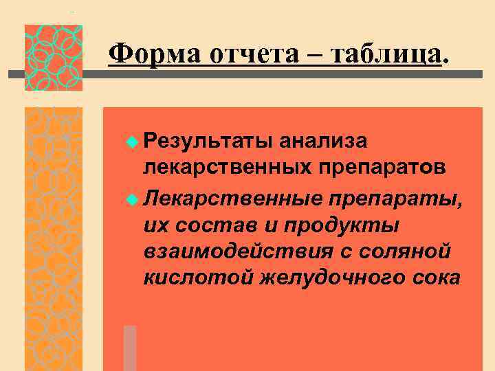 Форма отчета – таблица. u Результаты анализа лекарственных препаратов u Лекарственные препараты, их состав