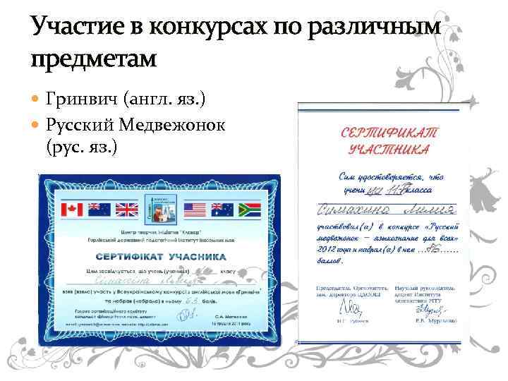 Участие в конкурсах по различным предметам Гринвич (англ. яз. ) Русский Медвежонок (рус. яз.