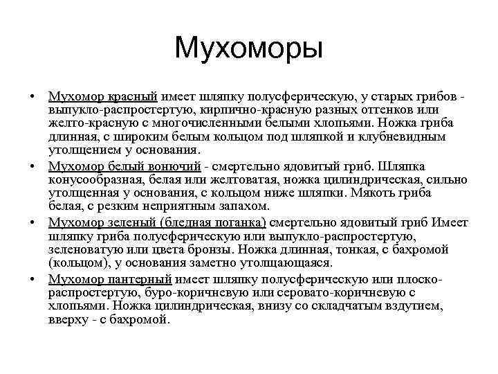  Мухоморы • Мухомор красный имеет шляпку полусферическую, у старых грибов - выпукло-распростертую, кирпично-красную