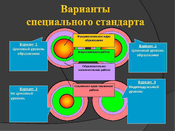 Варианты специального стандарта Вариант 1 Цензовый уровень образования Фундаментальное ядро образования Коррекционная работа Вариант