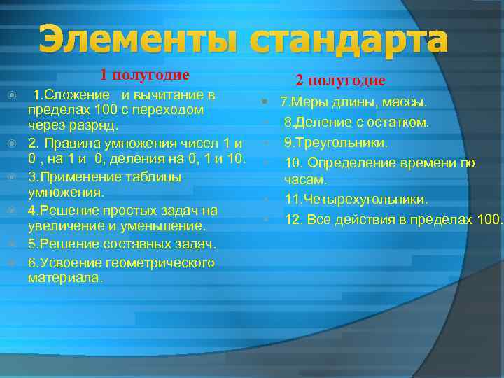 Элементы стандарта 1 полугодие 1. Сложение и вычитание в пределах 100 с переходом через