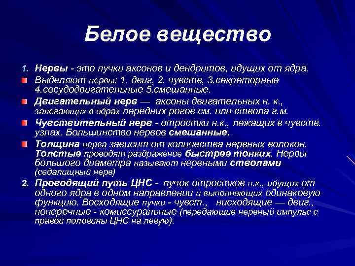 Белое вещество 1. Нервы - это пучки аксонов и дендритов, идущих от ядра. Выделяют