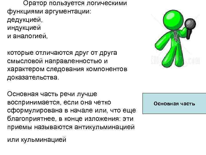 Оратор пользуется логическими функциями аргументации: дедукцией, индукцией и аналогией, которые отличаются друг от друга