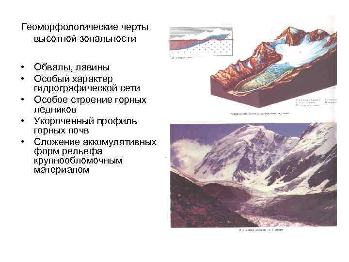 Геоморфологические черты высотной зональности • Обвалы, лавины • Особый характер гидрографической сети • Особое