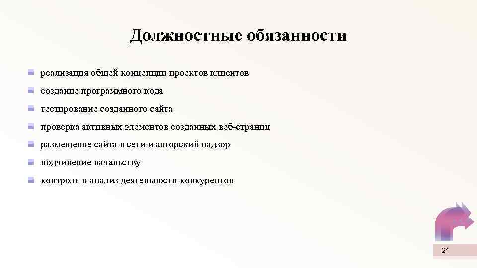 Должностные обязанности реализация общей концепции проектов клиентов создание программного кода тестирование созданного сайта проверка