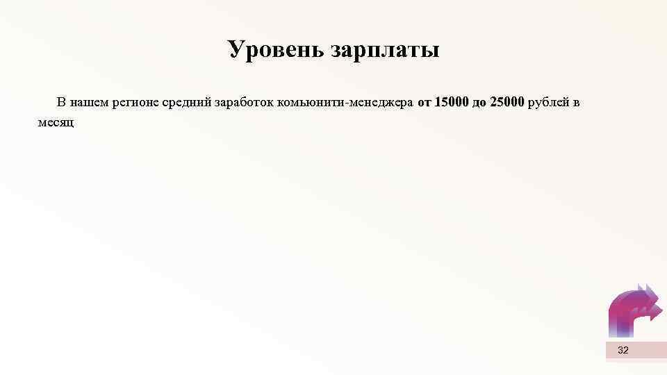 Уровень зарплаты В нашем регионе средний заработок комьюнити-менеджера от 15000 до 25000 рублей в