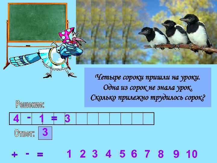 Четыре сороки пришли на уроки. Одна из сорок не знала урок. Сколько прилежно трудилось