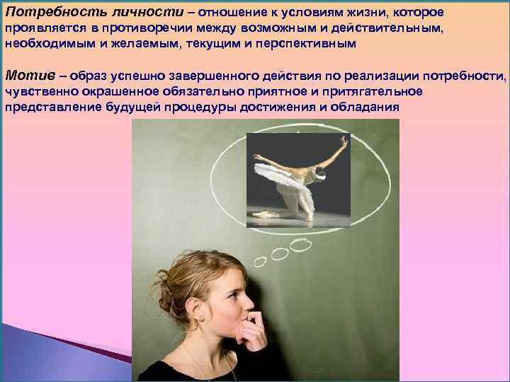 Потребность личности – отношение к условиям жизни, которое проявляется в противоречии между возможным и