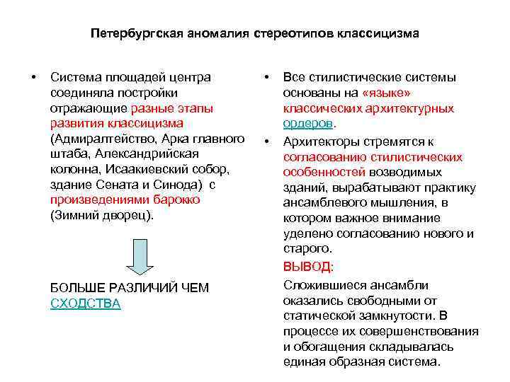 Петербургская аномалия стереотипов классицизма • Система площадей центра соединяла постройки отражающие разные этапы развития