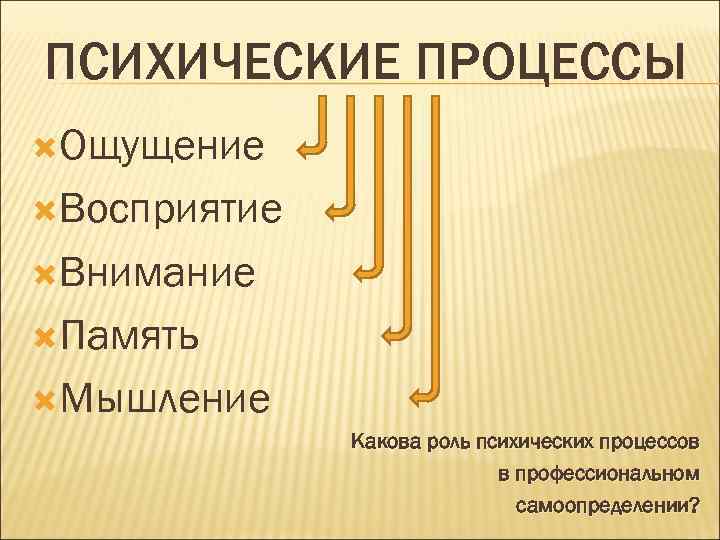 ПСИХИЧЕСКИЕ ПРОЦЕССЫ Ощущение Восприятие Внимание Память Мышление Какова роль психических процессов в профессиональном самоопределении?