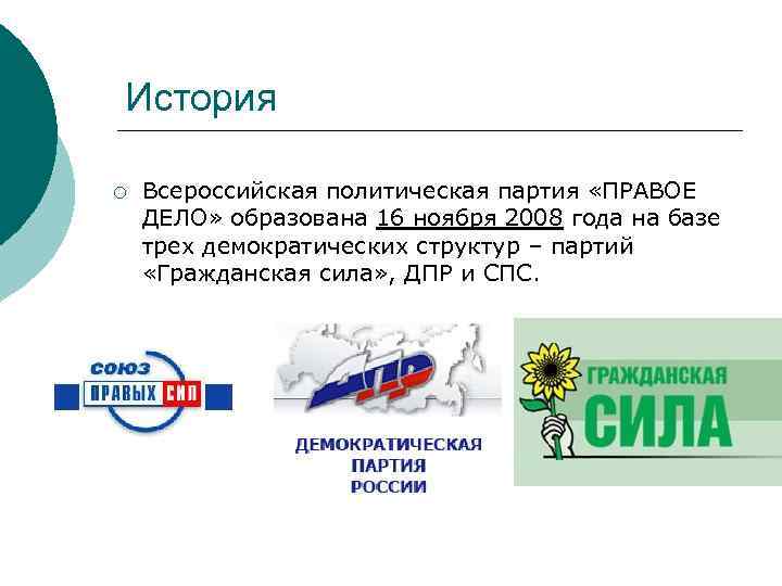 История ¡ Всероссийская политическая партия «ПРАВОЕ ДЕЛО» образована 16 ноября 2008 года на базе