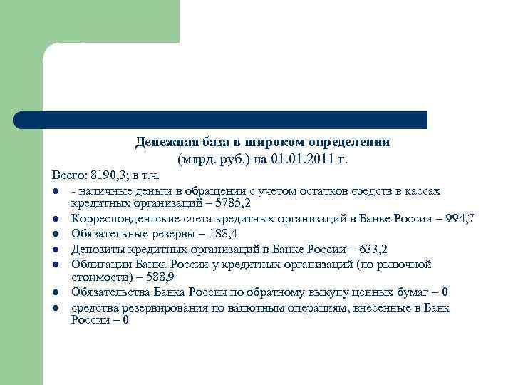  Денежная база в широком определении (млрд. руб. ) на 01. 2011 г. Всего: