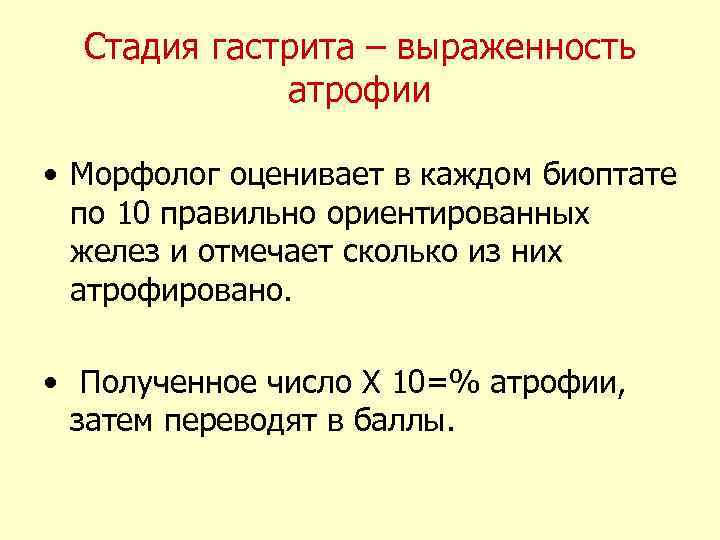 Стадия гастрита – выраженность атрофии • Морфолог оценивает в каждом биоптате по 10 правильно