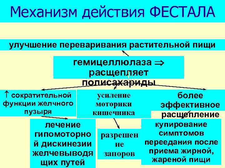 Механизм действия ФЕСТАЛА улучшение переваривания растительной пищи гемицеллюлаза расщепляет Фестал полисахариды сократительной функции желчного