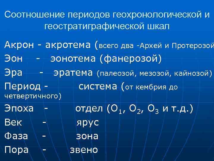 n n n n Соотношение периодов геохронологической и геостратиграфической шкал Акрон - акротема (всего