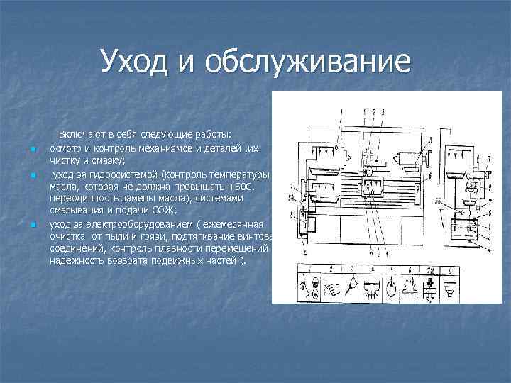 Уход и обслуживание n n n Включают в себя следующие работы: осмотр и контроль