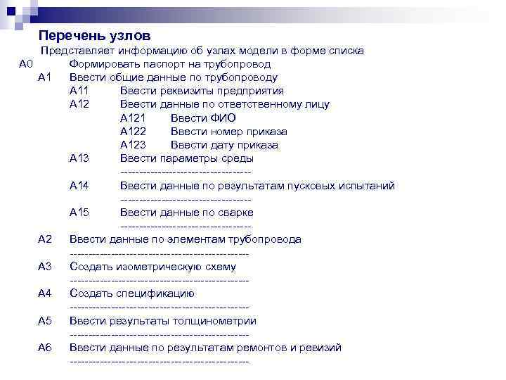Перечень узлов Представляет информацию об узлах модели в форме списка А 0 Формировать паспорт