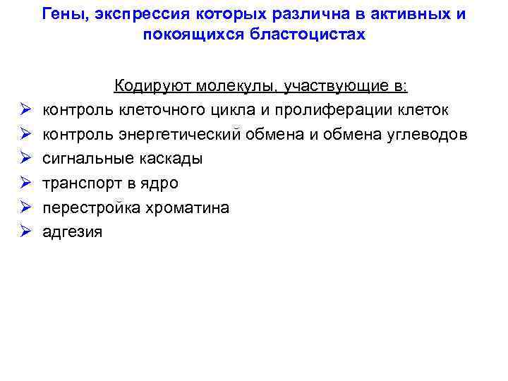 Гены, экспрессия которых различна в активных и покоящихся бластоцистах Кодируют молекулы, участвующие в: Ø