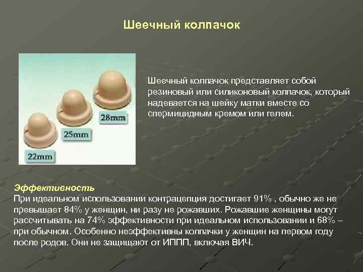  Шеечный колпачок представляет собой резиновый или силиконовый колпачок, который надевается на шейку матки