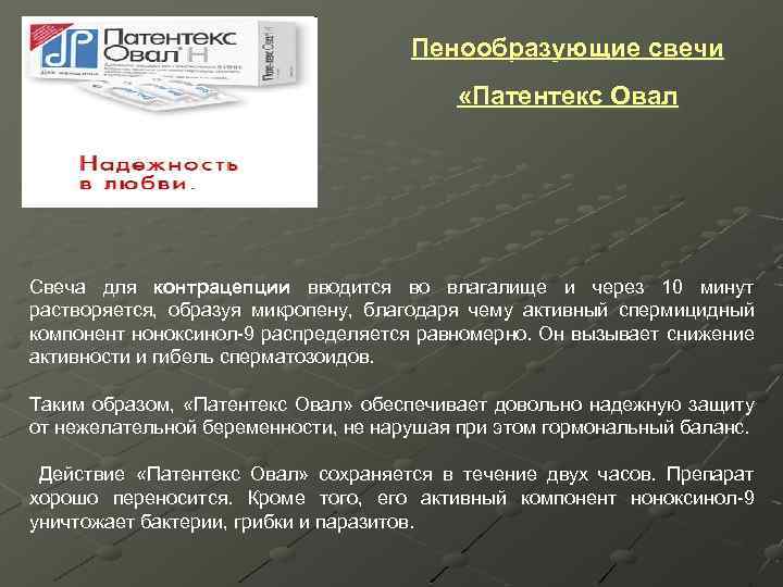 Пенообразующие свечи «Патентекс Овал Свеча для контрацепции вводится во влагалище и через 10 минут