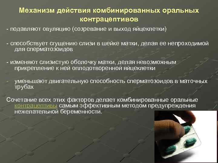 Механизм действия комбинированных оральных контрацептивов - подавляют овуляцию (созревание и выход яйцеклетки) - способствует