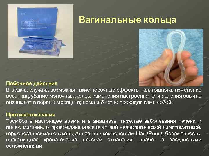 Вагинальные кольца Побочное действие В редких случаях возможны такие побочные эффекты, как тошнота, изменение