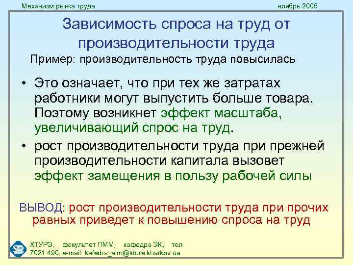 Механизм рынка труда ноябрь 2005 Зависимость спроса на труд от производительности труда Пример: производительность