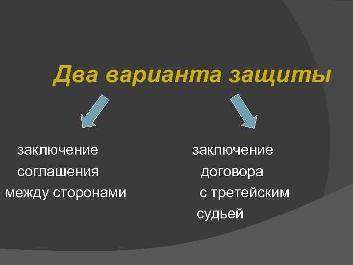 Два варианта защиты заключение соглашения между сторонами заключение договора с третейским судьей 
