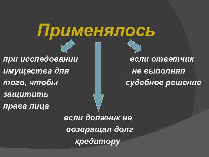 Применялось при исследовании если ответчик имущества для не выполнял того, чтобы судебное решение защитить